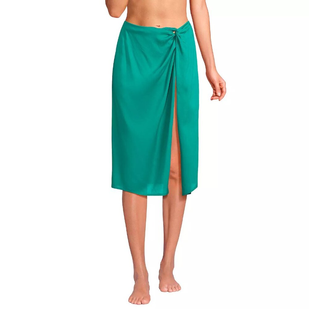 Lands' End Women's Sheer Twist Front Knee Length Swim Cover-up Skirt Island